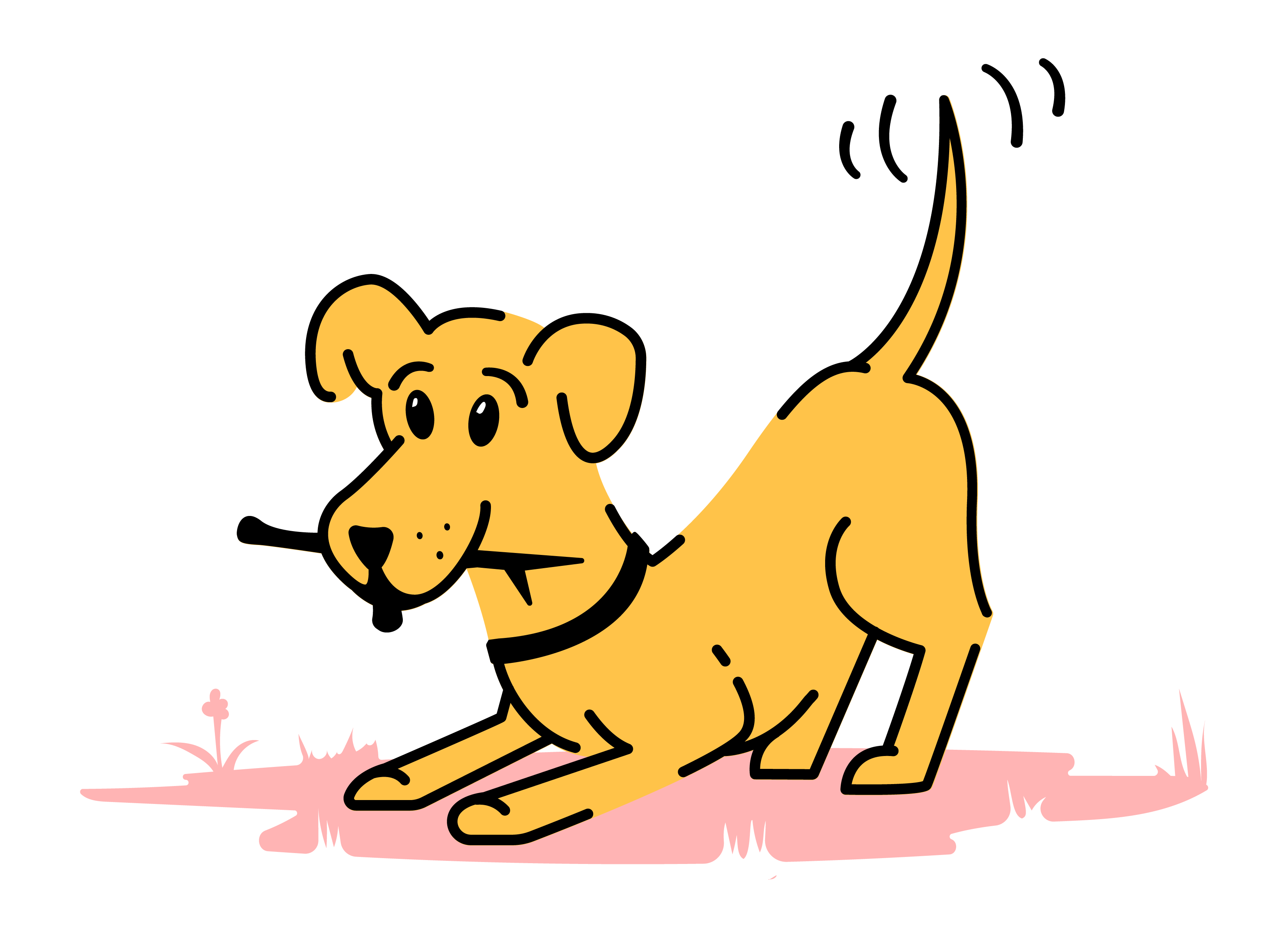 Dog wagging his tail with stick in mouth. illustration