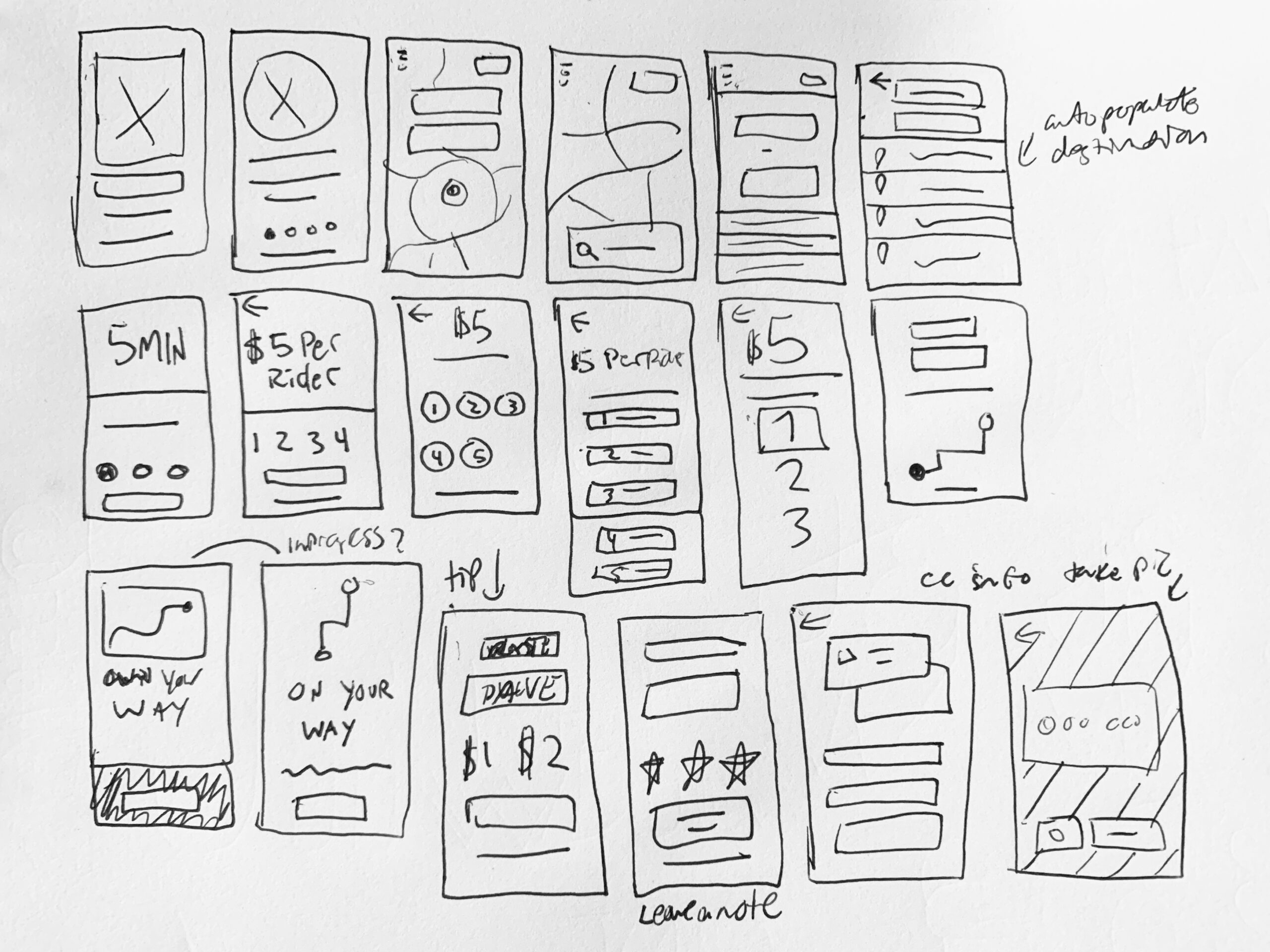 design sketches of the Gotcha Ride app